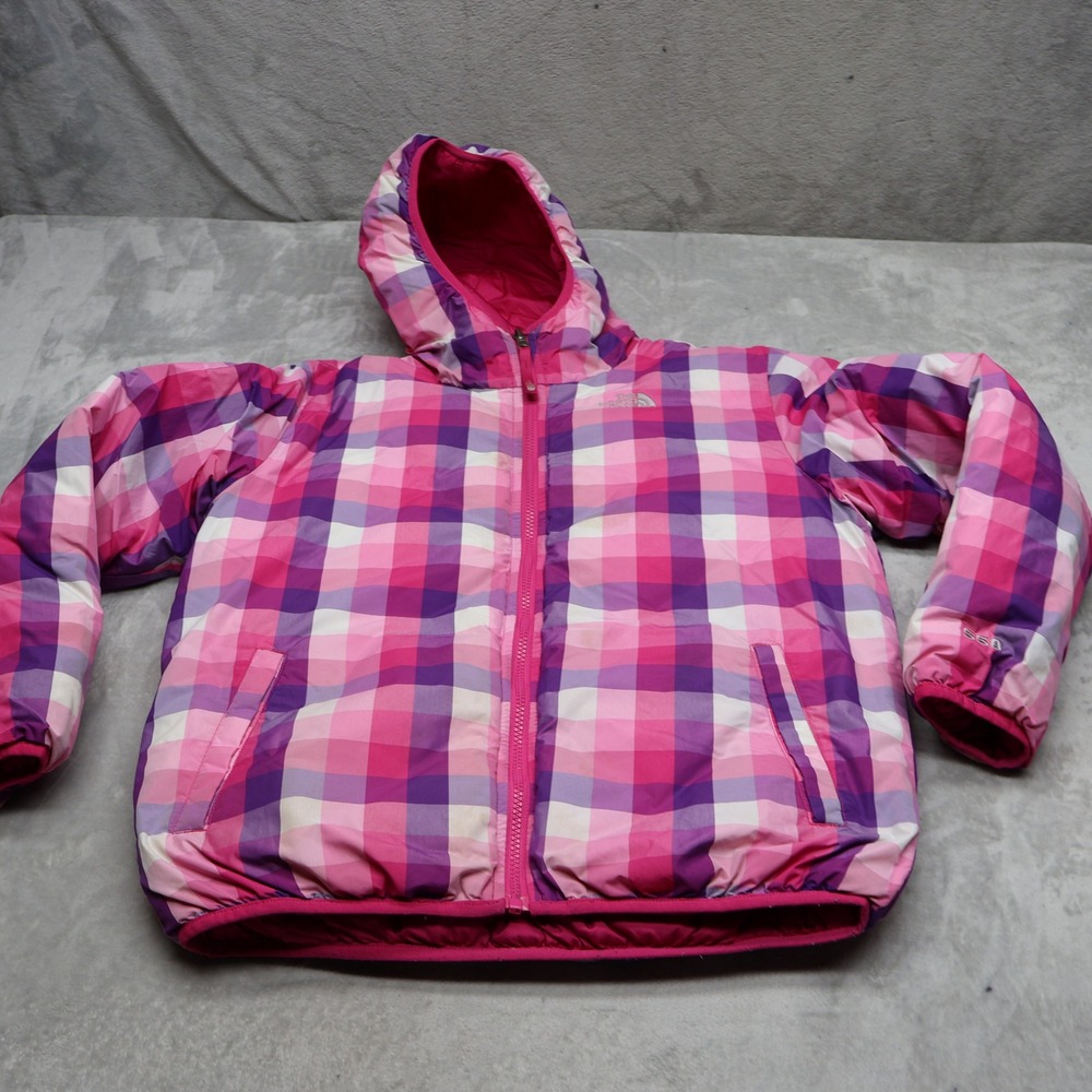 North Face Down Jacket Girls XL 18 Pink Plaid Reversible Insulated Puffer Warm